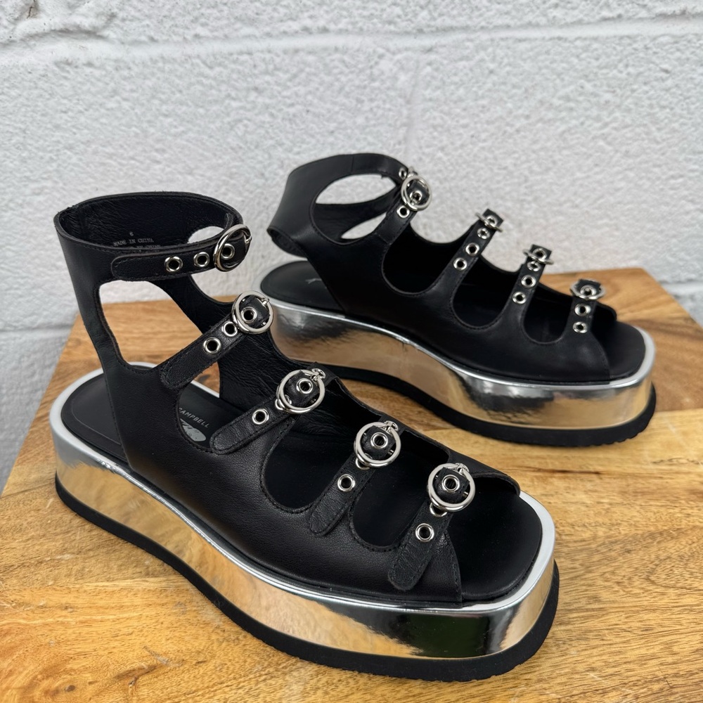 Jeffrey Campbell x Free People Lowen Buckle Platform Sandals Black Leather Sz 6